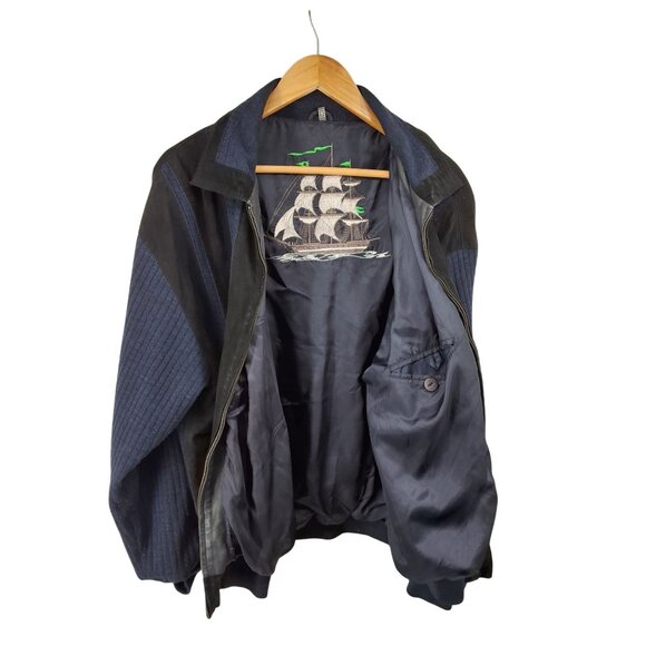 Vintage Suede Two-Tone Bomber Jacket Embroidered Ship Small Men - Picture 2 of 4